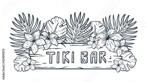 Design of trendy hawaii surf for tiki bar. Traditional ethnic surfing of hawaiian, maori or polynesian. Old tribal board