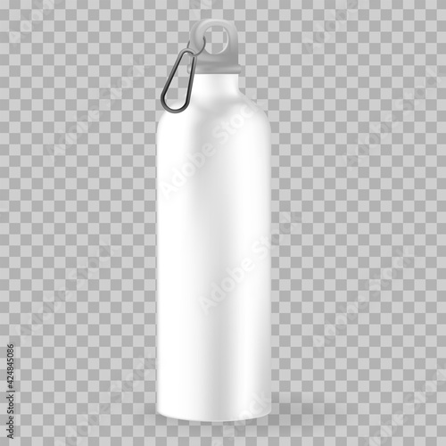 Glossy metal shaker Whey Protein and Gainer. Vector Illustration isolated on white background.Design template of packaging mockup for graphics.