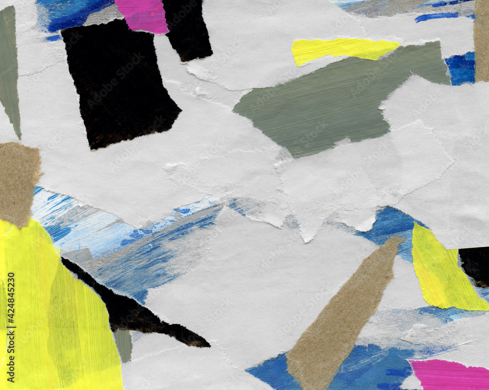 Fototapeta premium Handmade collage. Versatile artistic backdrop for creative design projects: posters, banners, cards, websites, invitations, magazines, wallpapers. Mixed media. Yellow, black, blue and pink colours.