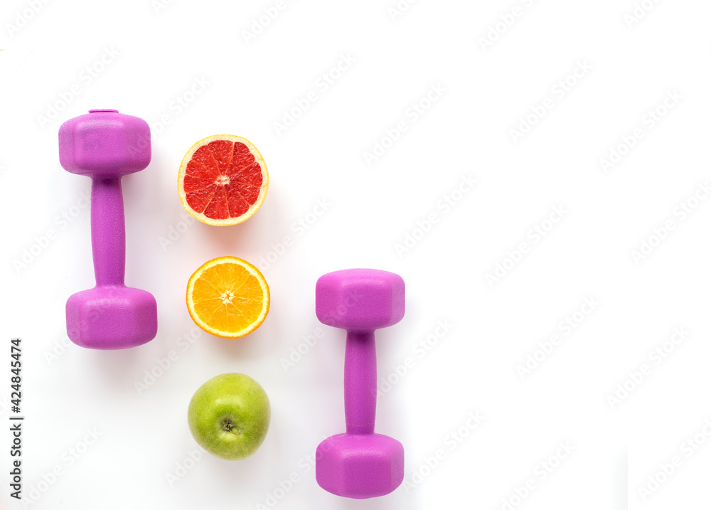 Weight loss program poster. Flat lay concept of healthy lifestyle for female body Weight loss program poster. Flat lay concept of healthy lifestyle for female body