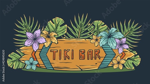 Design of trendy hawaii surf for tiki bar. Traditional ethnic surfing of hawaiian, maori or polynesian. Old tribal board