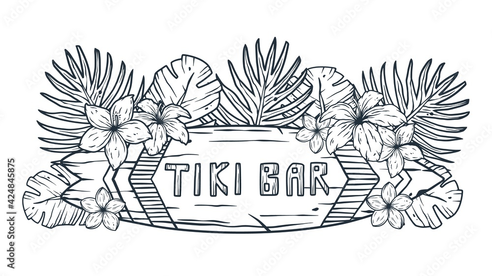 Design of trendy hawaii surf for tiki bar. Traditional ethnic surfing of hawaiian, maori or polynesian. Old tribal board - obrazy, fototapety, plakaty 