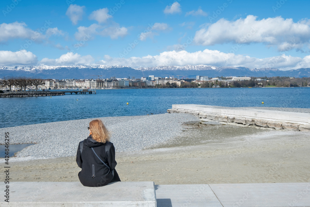 the new artificial beach of Les Eaux Vives opened in June 2019 on Geneva lake