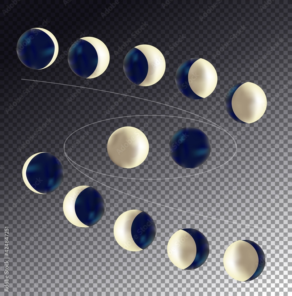 Moon phases realistic icon set on transparent background