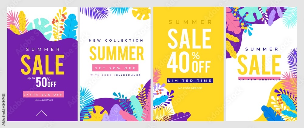 Summer sale banner set with tropical leaves. Colorful design templates