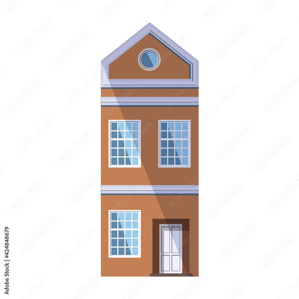 European orange old house in the traditional Dutch town style with a gable roof, round attic window and large loft-style windows. Vector illustration in the flat style isolated on a white background. European orange old house in the traditional Dutch town style with a gable roof, round attic window and large loft-style windows. Vector illustration in the flat style isolated on a white background.