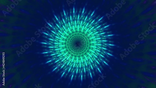 Abstract 4k video with a detailed trippy glowing spiraling flower-like decorative pattern creating a hypnotic optical star-like illusion in shining changing vivid colors.