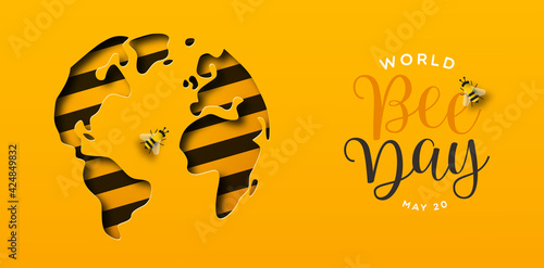 World Bee Day paper cut earth planet banner