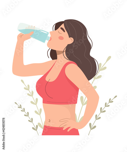 A young girl drinks water from a bottle. Vector illustration.