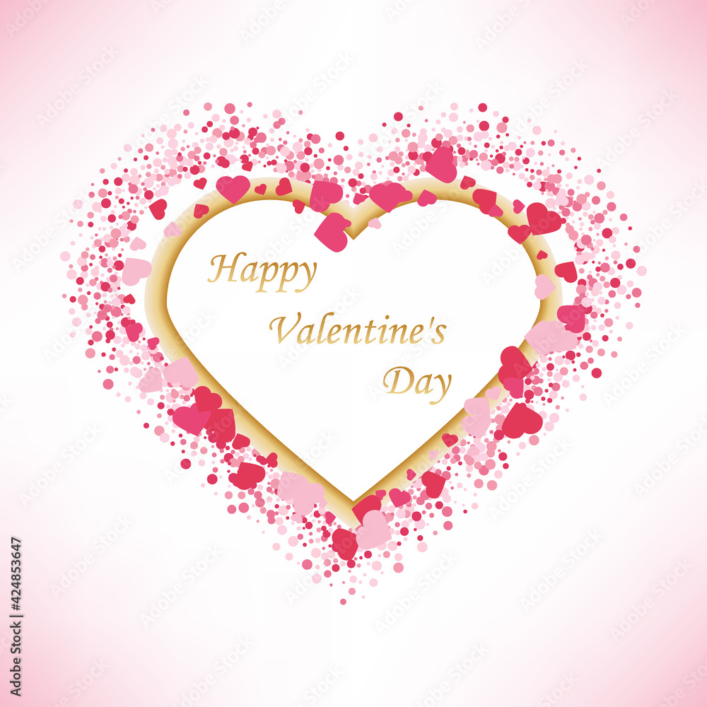 Heart of pink valentine confetti falling on light background with gold frame. Flower petal in the form of heart confetti for womens day. Heart of pink valentine confetti falling on light background with gold frame. Flower petal in the form of heart confetti for womens day.