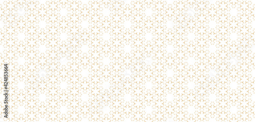 Subtle minimalist geometric floral pattern. Golden abstract seamless texture with small flower shapes, tiny triangles. Minimal white and gold background. Modern luxury ornament. Trendy repeat design