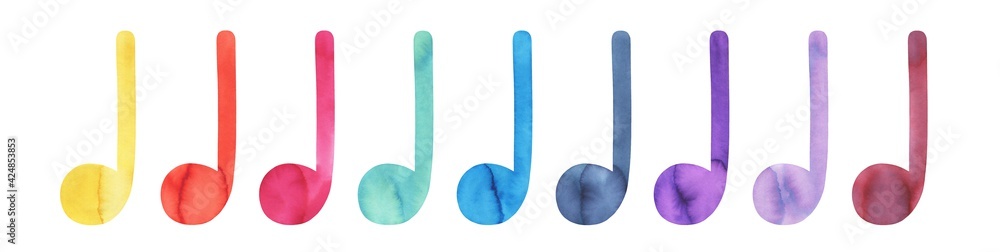 Watercolour set of music note symbols of various tones: yellow, orange, red, teal, light blue, navy, lilac, violet, etc. Hand drawn water color graphic drawing, clip art element for design decoration. - obrazy, fototapety, plakaty 