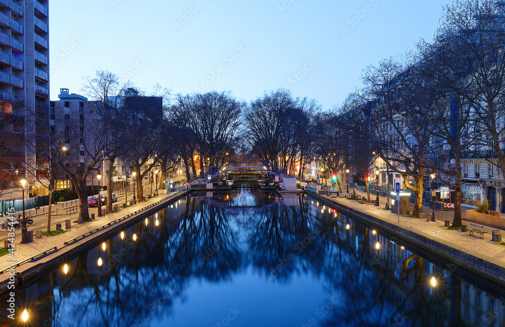 The Canal Saint-Martin at night .It is long canal connecting the Canal de l'Ourcq to the river Seine, Paris .