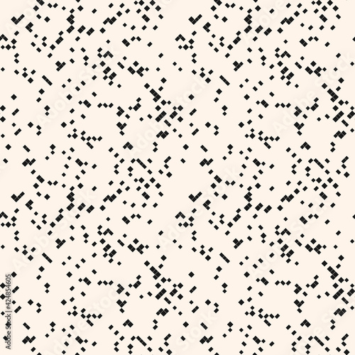 Vector abstract pixel mosaic background. Simple monochrome seamless pattern with small squares, diamonds, rhombuses, randomly scattered dots. Black and white minimal texture. Modern repeat design 