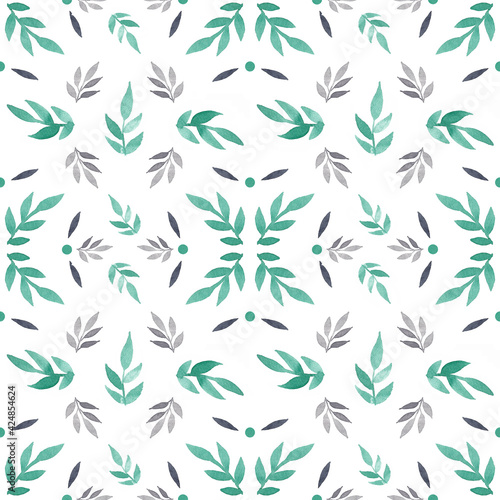 Watercolor delicate pattern  leaves in gray and green colors on a white background  gentle spring pattern for fabric  bedding  paper products  etc.