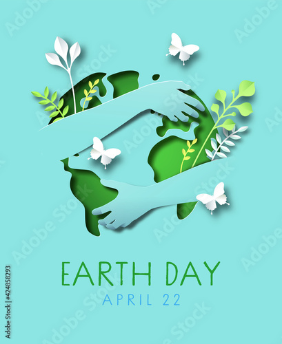 Earth Day papercut card of people hugging world