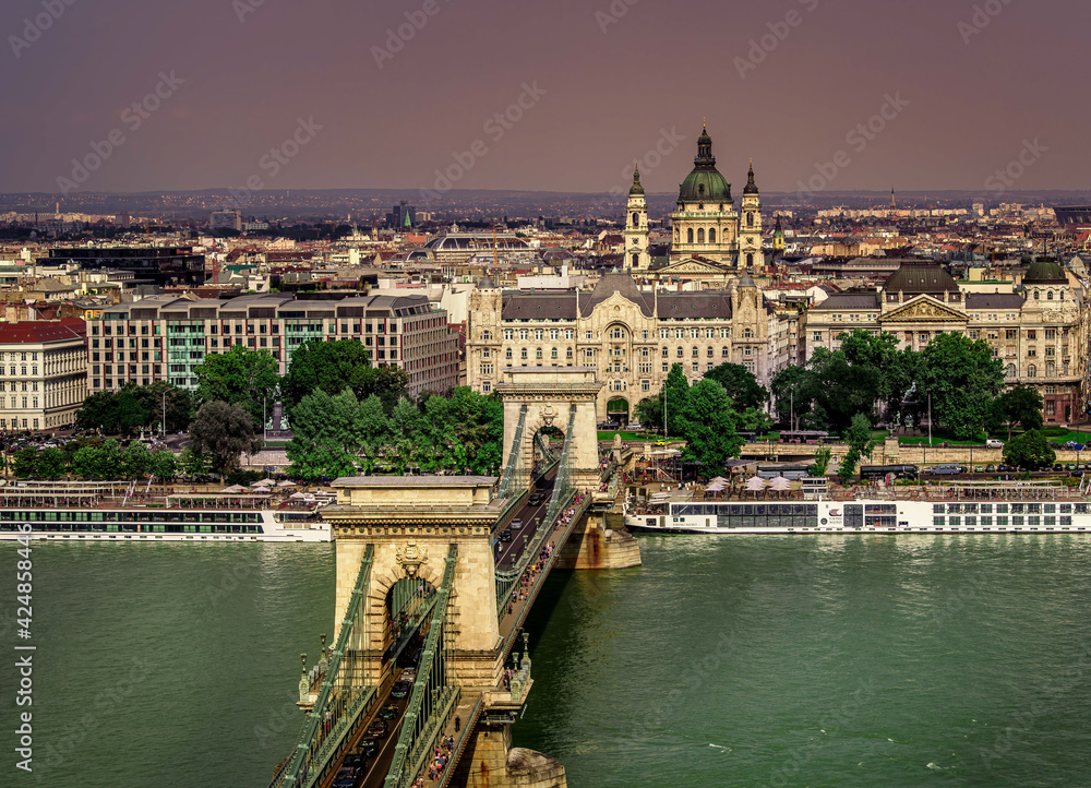 Budapest chain bridge seen from above. Szechenyi Square and Danube river