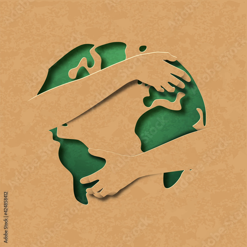 Green earth map paper cut hug concept isolated