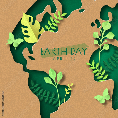Earth day green paper cut leaf world map card