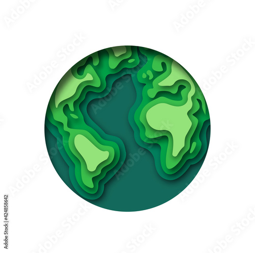 Paper cut green earth map circle concept isolated