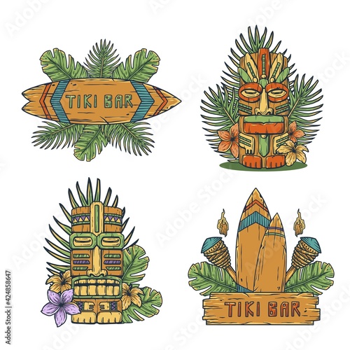 Design of trendy hawaii wooden tiki mask for surfing bar. Traditional ethnic idol and hawaiian surf, maori or polynesian. Old tribal totem