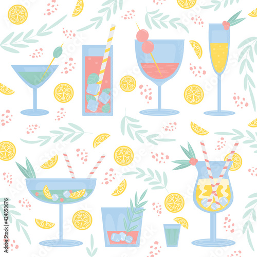 Summer Cocktails set with lemon, berry, mint, ice and straw. Party, pub, restoraunt or club element. fresh and cold alcohol coctail. Vector flat illustration, isolated on a white.