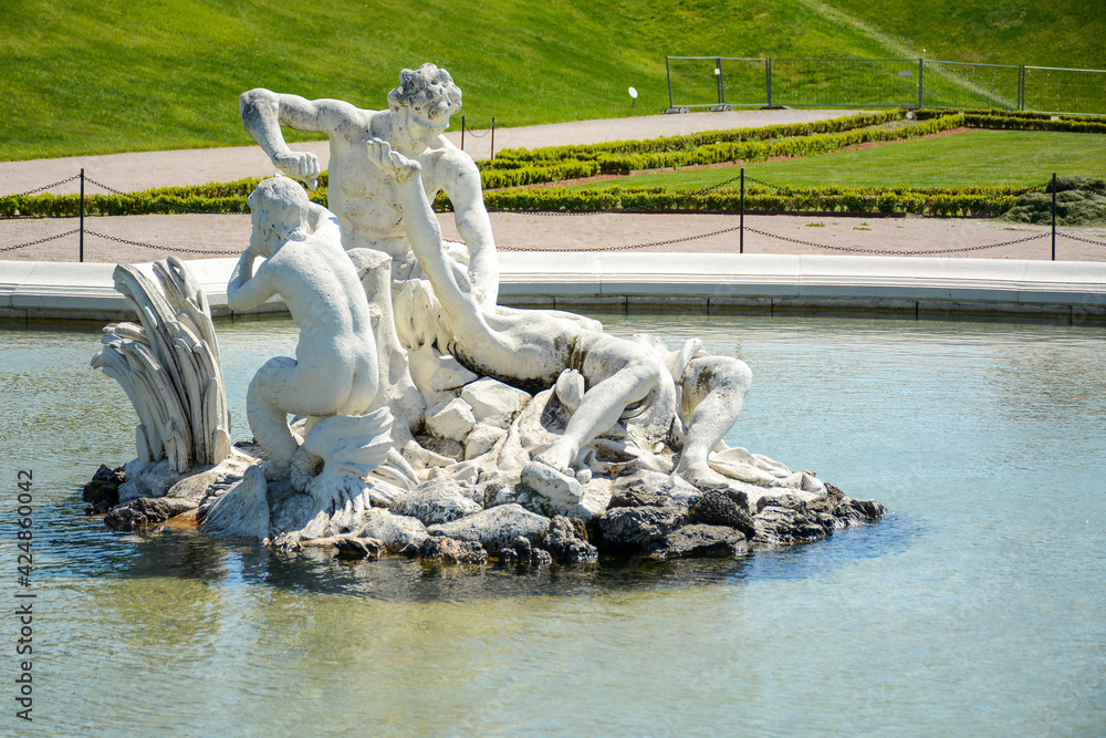 Vienna, Austria - July 25, 2019: Fountain in Belvedere Park (Belvederegarten) near Belvedere Palace