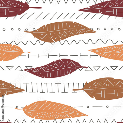 Vector seamless pattern with feather of bail eagle, quill on ethnic background