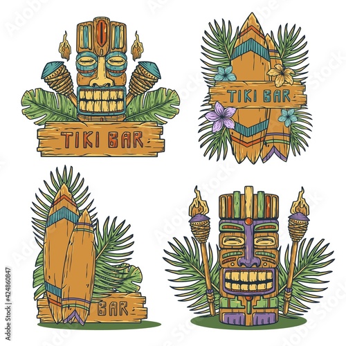 Design of trendy hawaii wooden tiki mask for surfing bar. Traditional ethnic idol and hawaiian surf, maori or polynesian. Old tribal totem