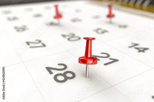 3d rendering of important days concept. Day 28 of month. Date written and pinned on a calendar. Month, day of the year. Remind you an important event or possibility.