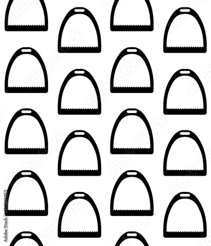 Vector seamless pattern of flat horse equestrian saddle stirrup silhouette isolated on white background