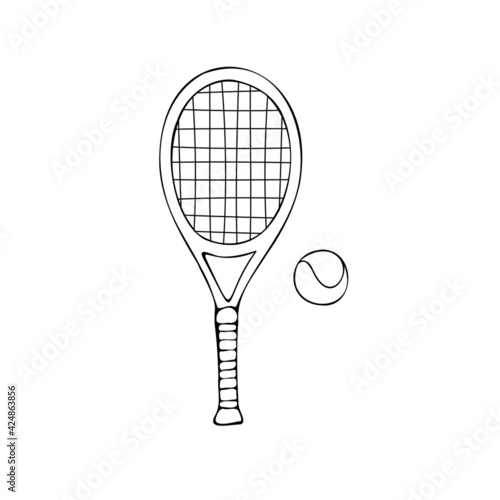 Vector hand drawn doodle sketch tennis racket and ball isolated on white background