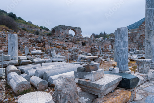 stones of Private House brothel in Ephesus ruins, historical ancient Roman archaeological sites in eastern Mediterranean Ionia region, Selcuk, Izmir, Turkey - 03.09.2021.