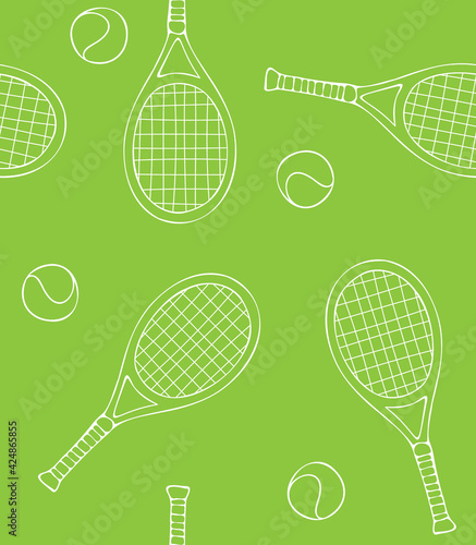 Vector seamless pattern of hand drawn doodle sketch tennis rackets and ball isolated on green background