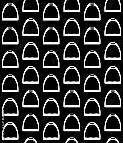 Vector seamless pattern of flat horse equestrian saddle stirrup silhouette isolated on black background