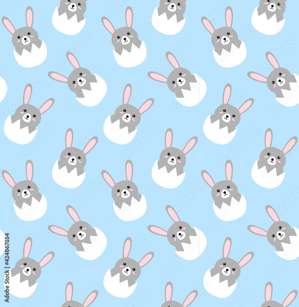 Vector seamless pattern of flat hand drawn doodle easter rabbit in egg shell isolated on blue background Vector seamless pattern of flat hand drawn doodle easter rabbit in egg shell isolated on blue background