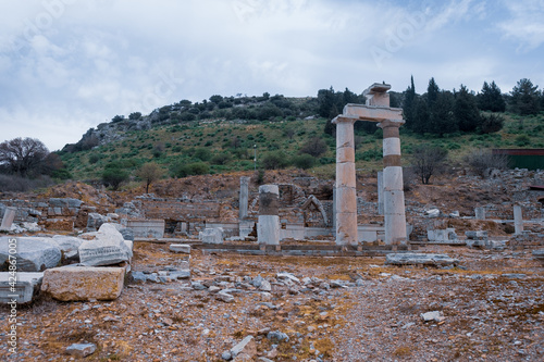 The Rhodian Peristyle the Prytaneum leading government dignitary in Ephesus ruins, historical ancient Roman archaeological sites in eastern Mediterranean Ionia region