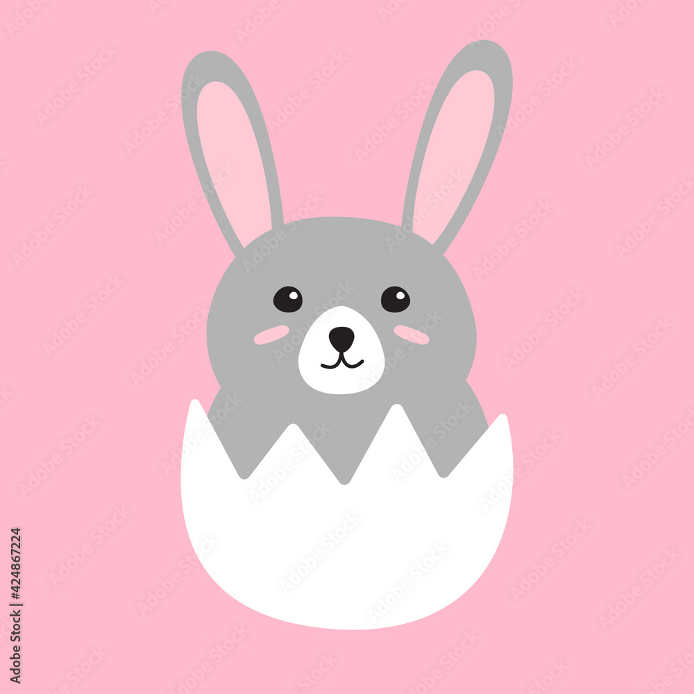 Fototapeta premium Vector flat hand drawn doodle easter rabbit in egg shell isolated on pink background