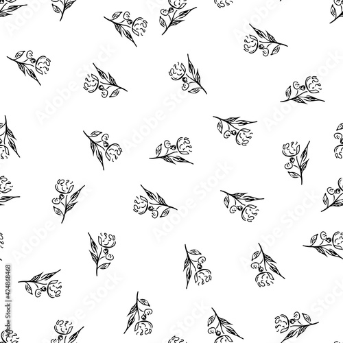 Doodle simple vector seamless pattern of hand-drawn peonies. Seamless random pattern of hand-drawn peonies. Isolated on white background.