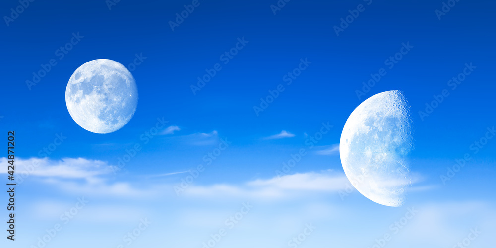 Hintergrund Panorama Himmel blau wolken wolkig Halbmond zunehmender abnehmender Mond Sonnensystem Planeten Erde Abend Nacht Sterne Kugel Vollmond Satellit lunar Luna all Astronomie