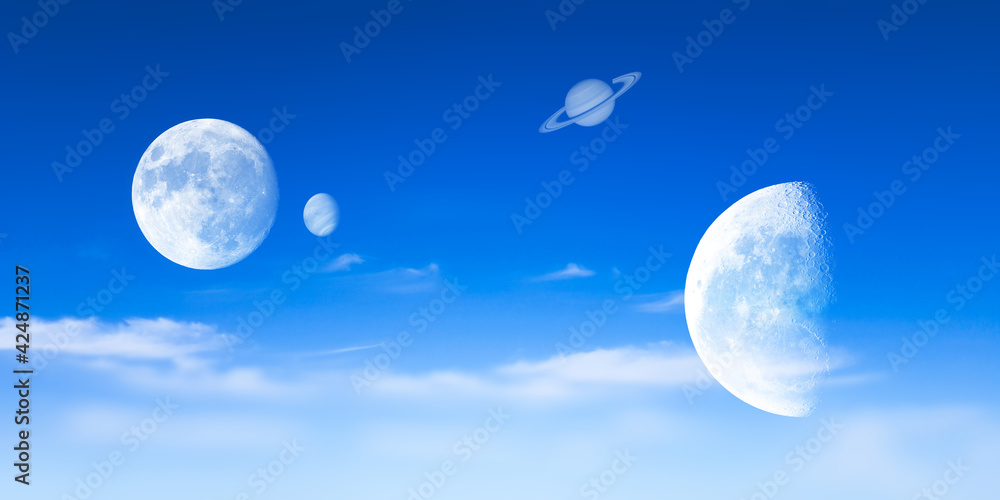 Hintergrund Panorama Himmel blau wolken wolkig Halbmond zunehmender abnehmender Mond Sonnensystem Planeten Erde Abend Nacht Sterne Kugel Vollmond Satellit lunar Luna all Astronomie design 