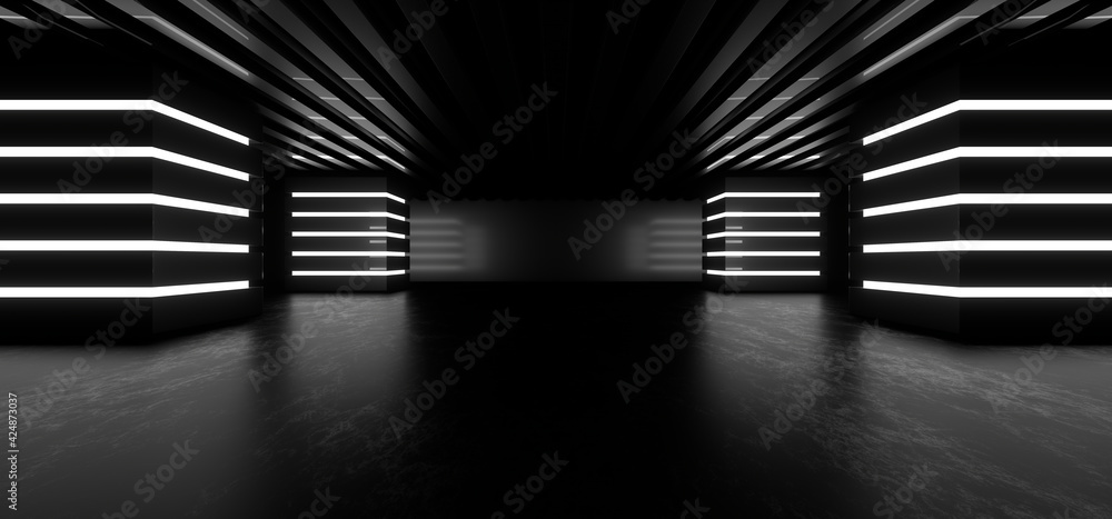 A dark corridor lit by white neon lights. Reflections on the floor and walls. 3d rendering image.