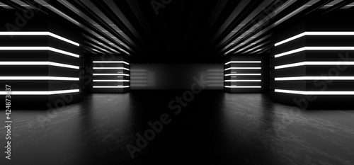 Obraz na płótnie A dark corridor lit by white neon lights. Reflections on the floor and walls. 3d rendering image. w salonie