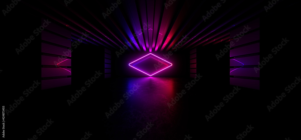 Sci Fy neon lamps in a dark tunnel. Reflections on the floor and walls. 3d rendering image. Sci Fy neon lamps in a dark tunnel. Reflections on the floor and walls. 3d rendering image.