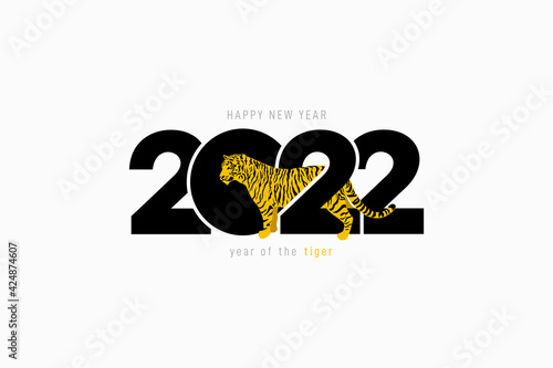 2022 year of the Tiger typography concept design. 2022 New Year icon design template. 2022 Happy New Year text symbols. Chinese zodiac tiger year. Vector illustration. Isolated on white background.