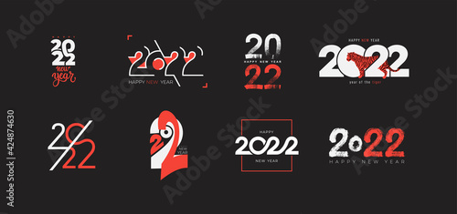 Big collection of 2022 Happy New Year logo design. 2022 number design template. Set of 2022 Happy New Year text symbols. Vector illustration with black and red labels isolated on black background.