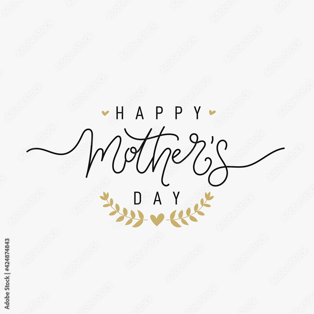 Happy Mother's Day Greeting Card. Black Calligraphy Inscription with gold hearts. Freehand drawing. Modern vector illustration. Isolated on white background.