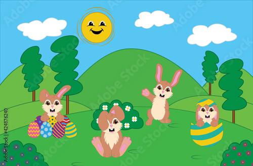 Fototapeta Naklejka Na Ścianę i Meble -  Cute Easter Bunnies in Meadow