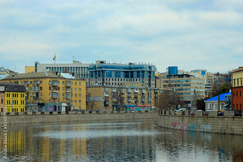 Panoramic view on the Lopan river embankment in Kharkiv, Ukraine