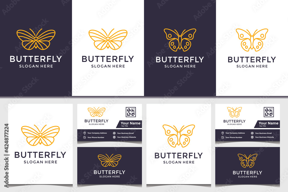 Naklejka premium Butterfly logo and business card design template. beauty, fashion, salon, spa and icons